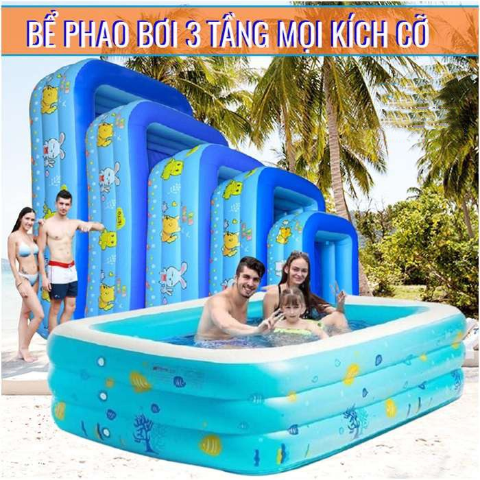 Bể bơi CHỐNG TRƯỢT cho bé HÀNG LOẠI 1, hồ bơi trẻ em loại dày hình chữ nhật( kèm miếng dán) 3 tầng New