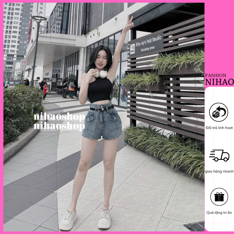 Quần Jean Ngắn Nữ Nihao Lưng Cao Mẫu Túi Nắp Độc Đáo , Quần Short jean Nữ Chất Jean Mềm Mại Không Giãn X48