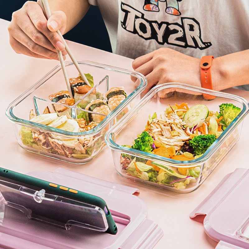 Hộp Cơm Văn Phòng 3 Ngăn Chất Liệu Thủy Tinh Cao Cấp An Toàn 1000ml Quay Lò Vi Sóng HARIN