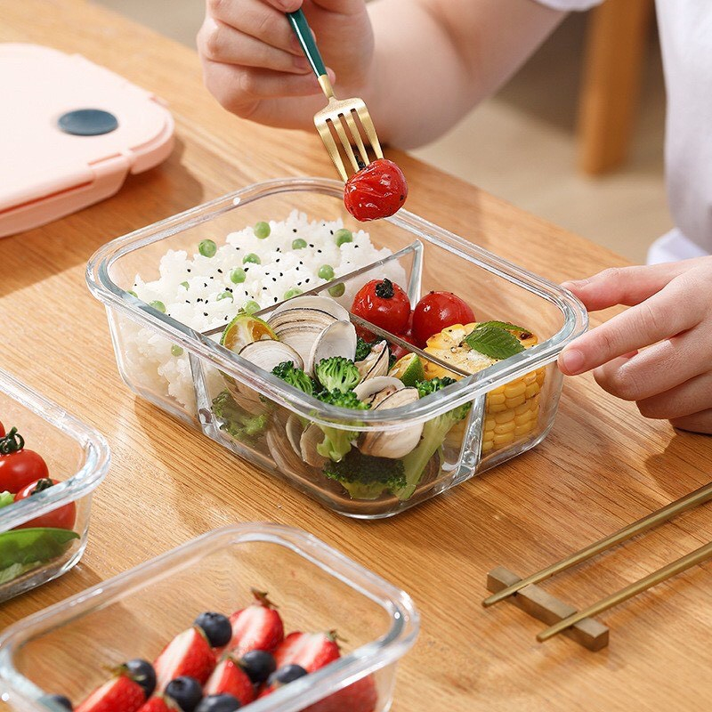 Hộp Cơm Văn Phòng 3 Ngăn Chất Liệu Thủy Tinh Cao Cấp An Toàn 1000ml Quay Lò Vi Sóng HARIN