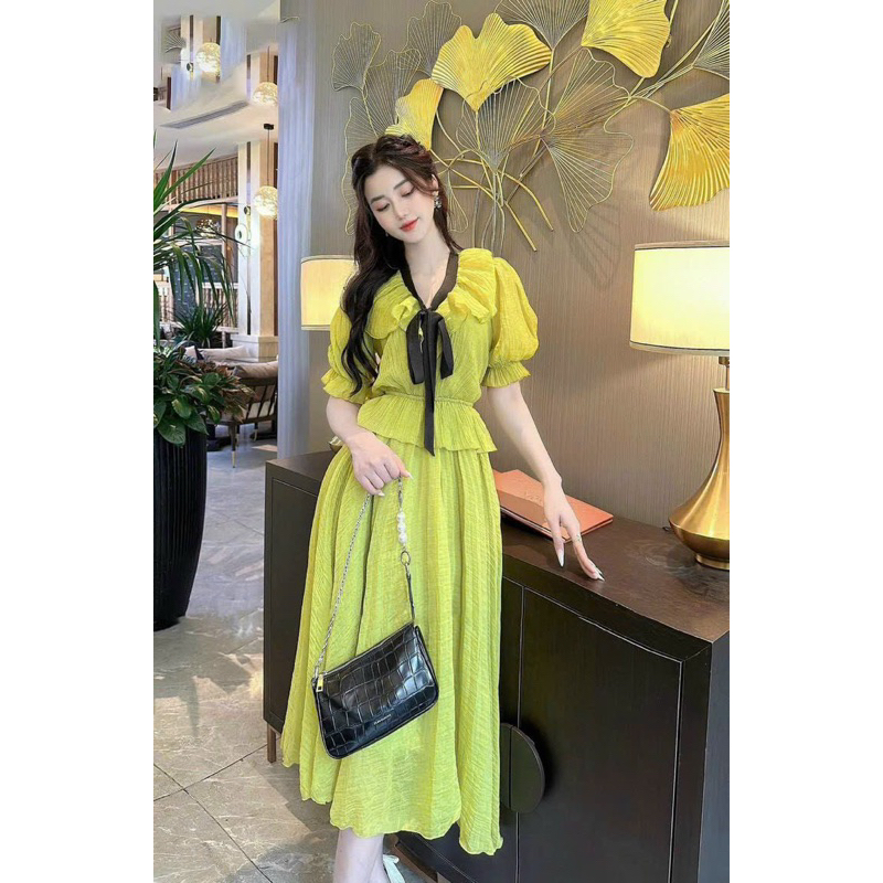 Đầm thời trang nữ mặc đi chơi chất tằm gãy cao cấp bèo cổ v cột nơ đen váy maxi xoè có lót