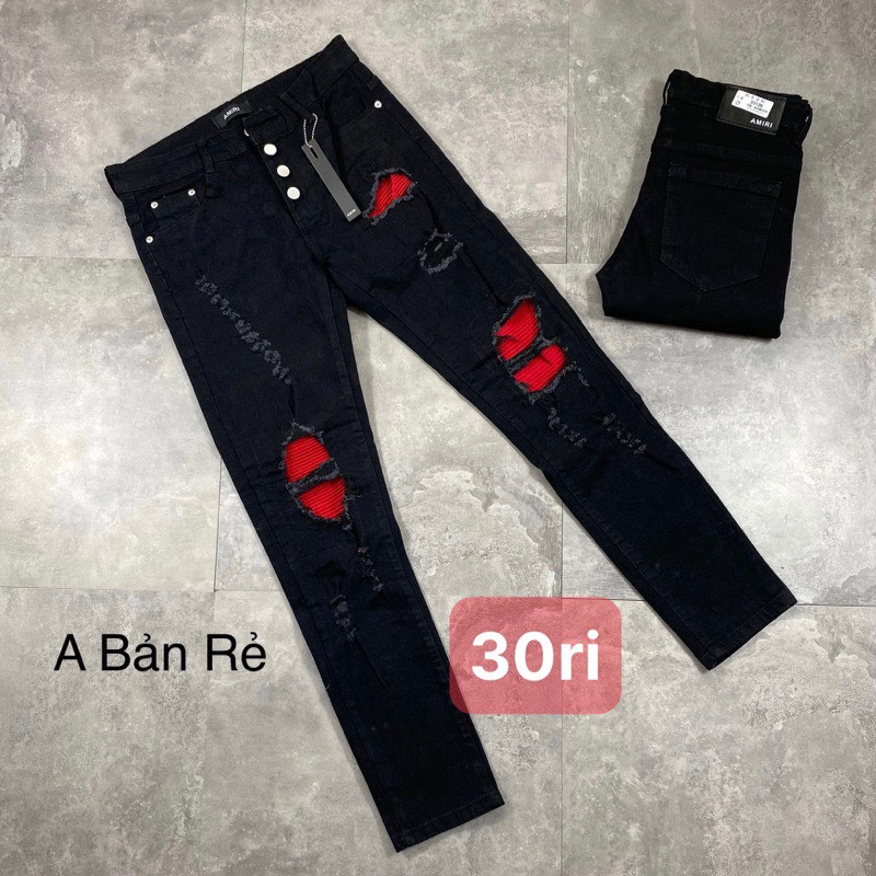 Quần jean nam rách vá đỏ vải co giãn cao cấp phối nút khoá mẫu -AXSTORE