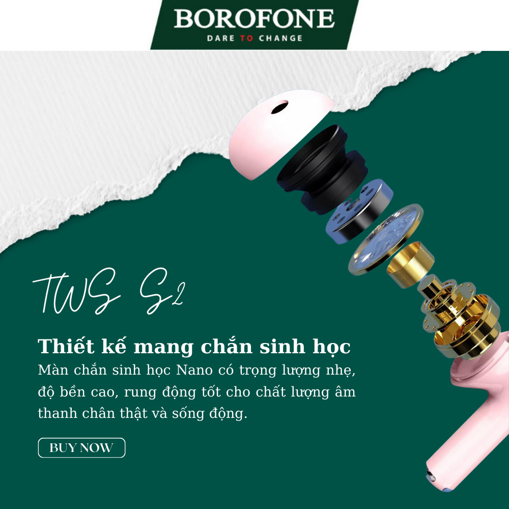 Tai nghe nhét tai không dây BOROFONE S2 kết nối bluetooth điện thoại, âm bass mạnh chống ồn tốt có mic đàm thoại pin 4h.