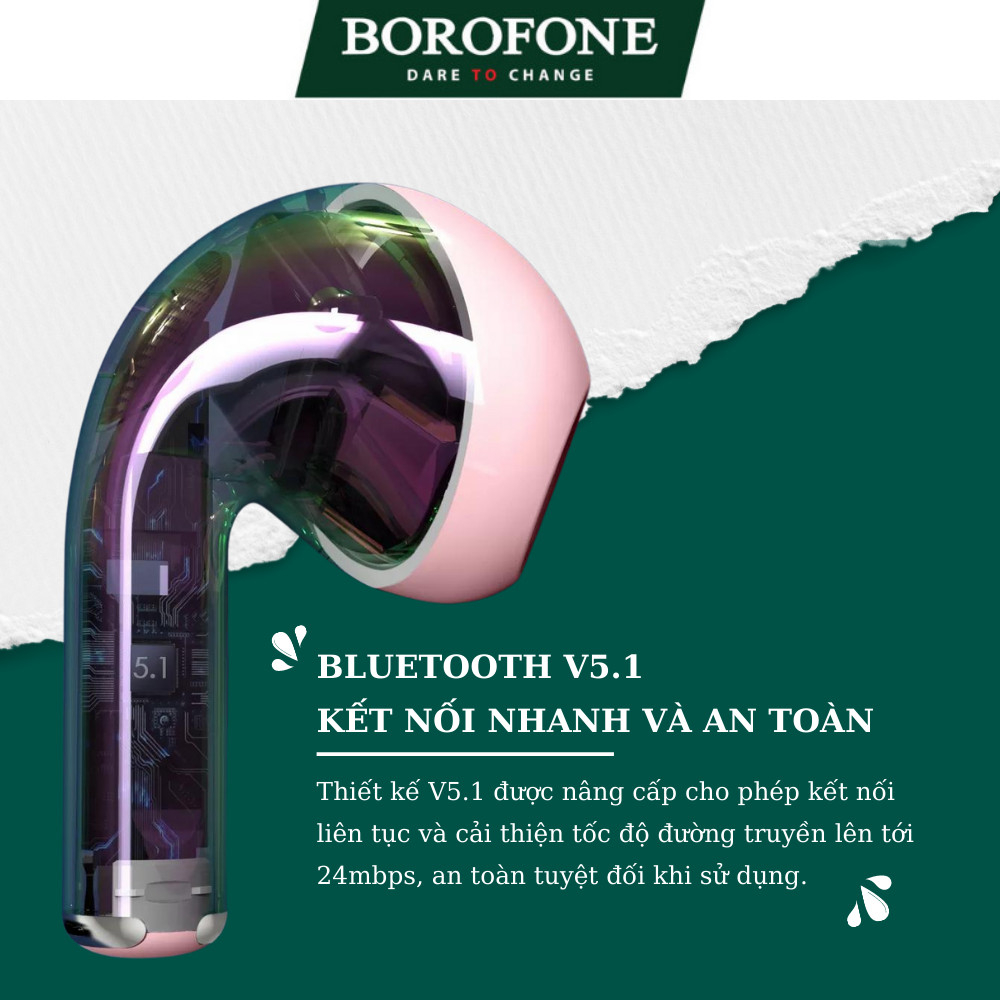 Tai nghe nhét tai không dây BOROFONE S2 kết nối bluetooth điện thoại, âm bass mạnh chống ồn tốt có mic đàm thoại pin 4h.