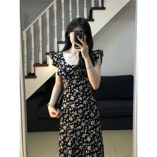 Đầm maxi hoa nhí cổ vuông viền bèo tay cánh tiên mặc đi chơi đi biển dễ thương
