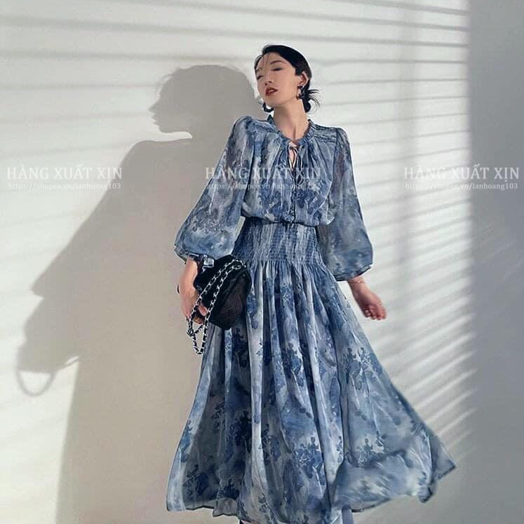Váy midi VERO MODA xanh họa tiết tay bồng sang chảnh