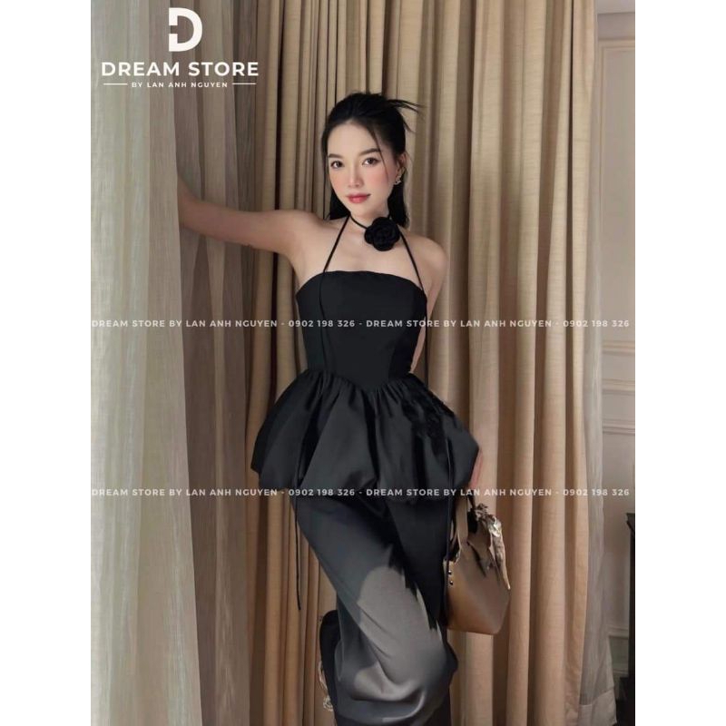 Set áo nhún bí + vòng cổ hoa + quần suông