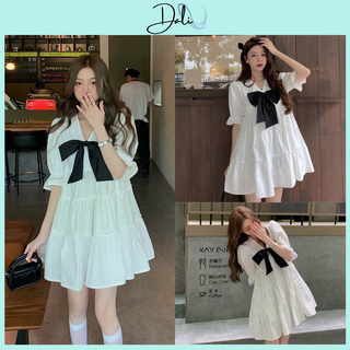 Đầm Babydoll Dáng Xoè Cổ V Phối Nơ, Váy Bánh Bèo Phong Cách Hàn Quốc