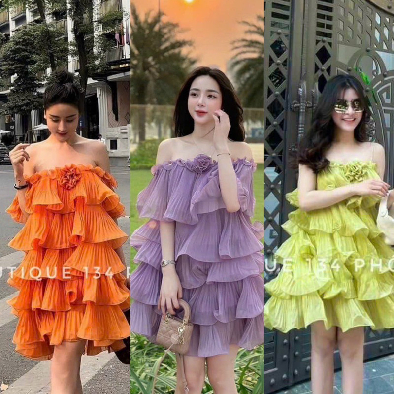 Đầm Dập Ly Hoa Ngực Xoè Bẹt Vai Tầng Quắn Cước Chifon Bèo Mặc 2 Kiểu Bẹt Vai Và Yếm Hoa