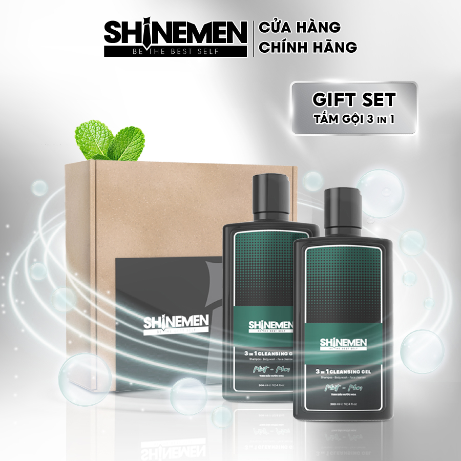 Bộ Quà Tặng | Gift Set 2 Chai Kèm Hộp Quà Sữa Tắm Gội Rửa Mặt 3 In 1 Cho Nam Shinemen Hương Nước Hoa Mint - Man Chai 300Ml