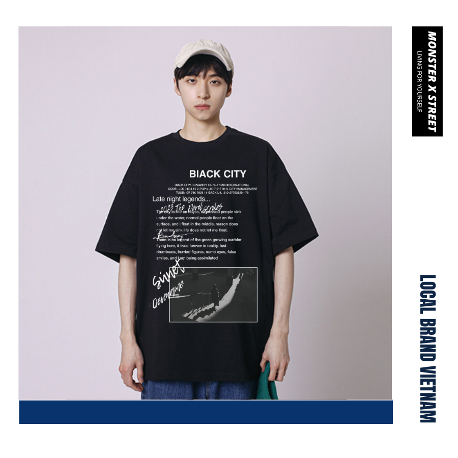 Áo thun unisex MONSTER X STREET Black City phông tay lỡ nam nữ form rộng Local Brand