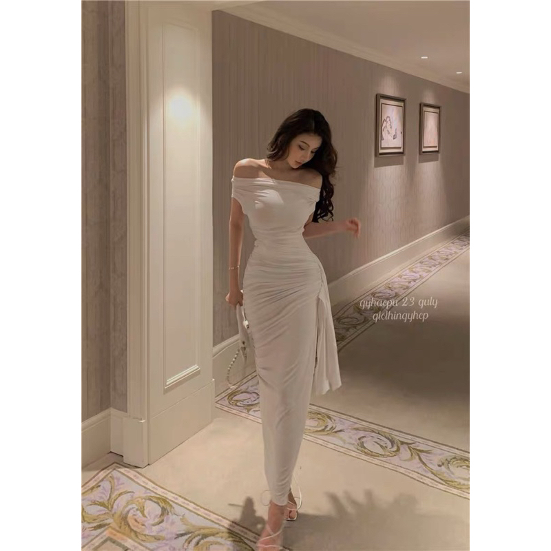 Đầm trễ vai midi ôm body trắng nhún thân dây hông phong cách nữ thần