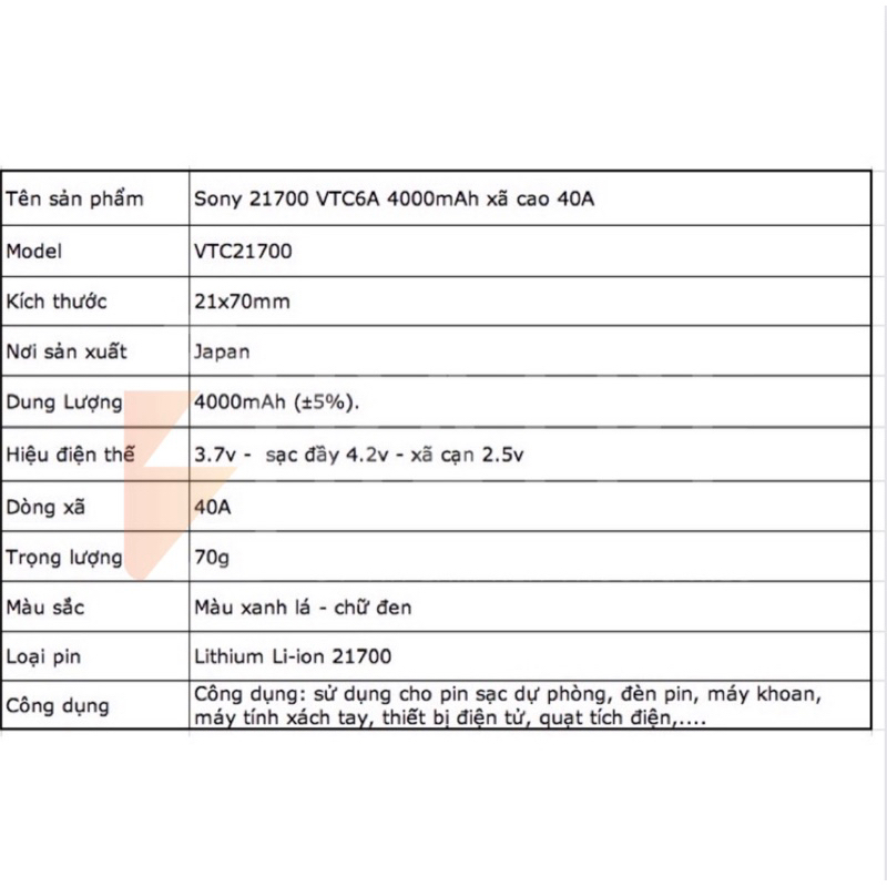 Pin sạc xả cao 21700 Sony VTC6A 4000mAh mới 100% 45A nội địa Nhật