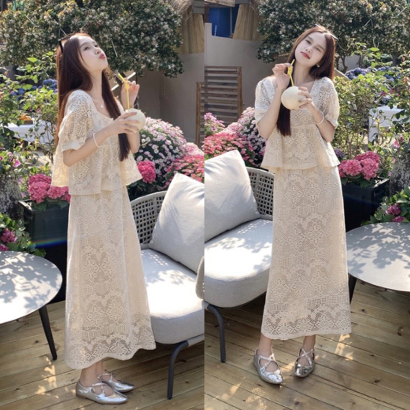 Set Ren Hàng L1 Áo Cổ Vuông Tay Bồng Mix Chân Váy Dáng Dài Hàng 2 Lớp Siêu Xinh