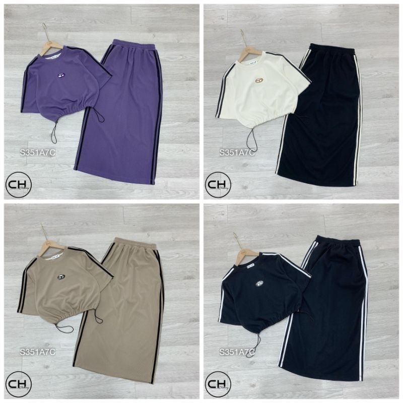 Set Bộ Đồ Nữ Áo Phông Croptop Rút Eo Thêu Ngực Mix Chân Váy Bút Chì Dáng Dài Phối Viền Sọc Freesize