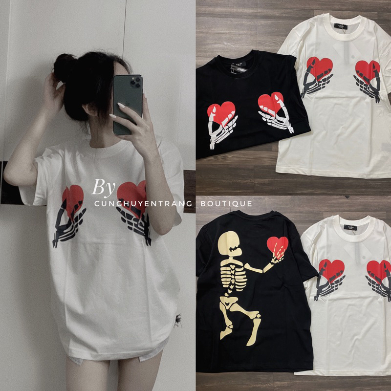 Áo thun Tay Trái Tim Bộ Xương form rộng tay lỡ chất liệu 100% cotton, cực hot cho anh em cháy phố hariqueen