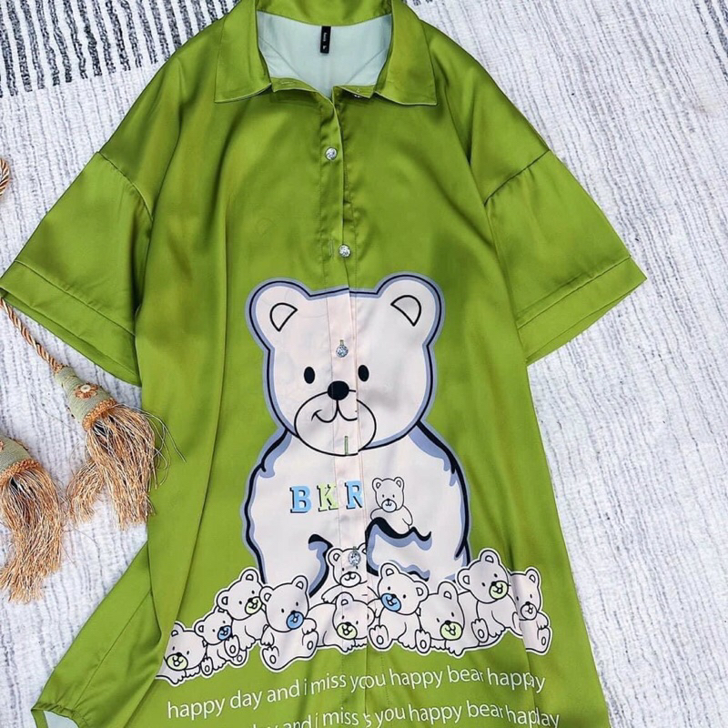 ❤️Hàng QC❤️Váy sơ mi gấu xanh tay lỡ đLEISURE_Thanhhien997_lụa satin cao cấp,do