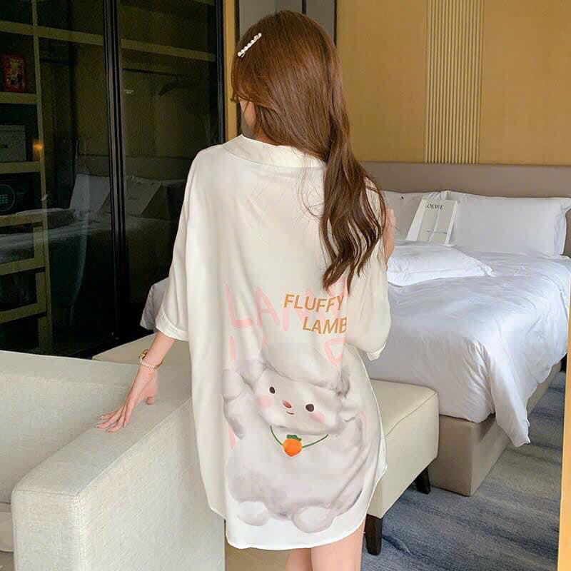 ❤️Hàng QC❤️Váy sơ mi gấu xanh tay lỡ đLEISURE_Thanhhien997_lụa satin cao cấp,do