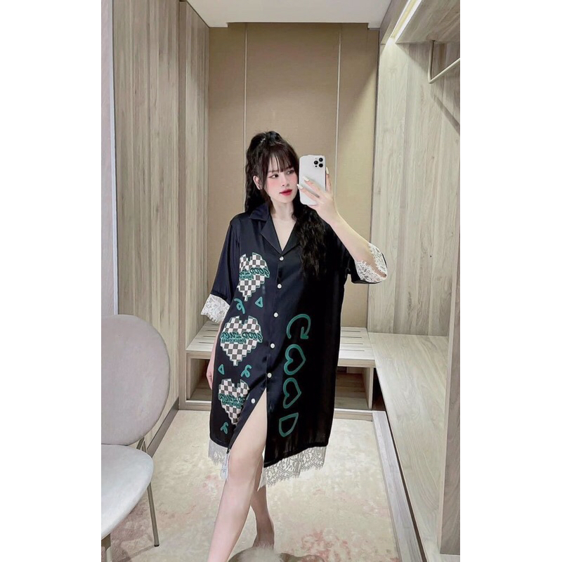 ❤️Hàng QC❤️Váy sơ mi gấu xanh tay lỡ đLEISURE_Thanhhien997_lụa satin cao cấp,do