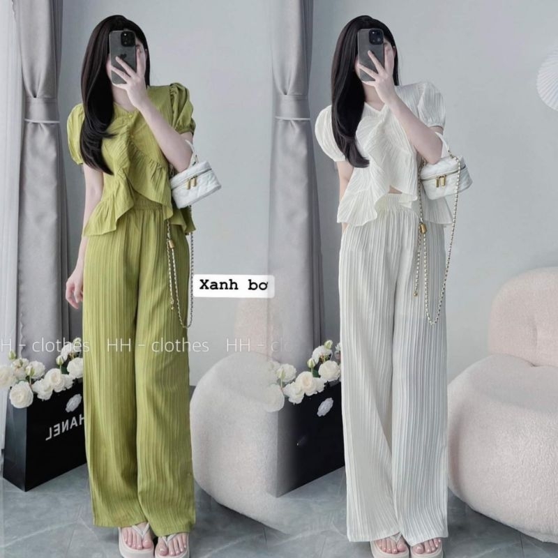 Set tiểu thư, bộ áo tay phồng viền bèo đắp chéo quần suông, che khuyết điểm, tôn dáng, bigsize 40-85kg