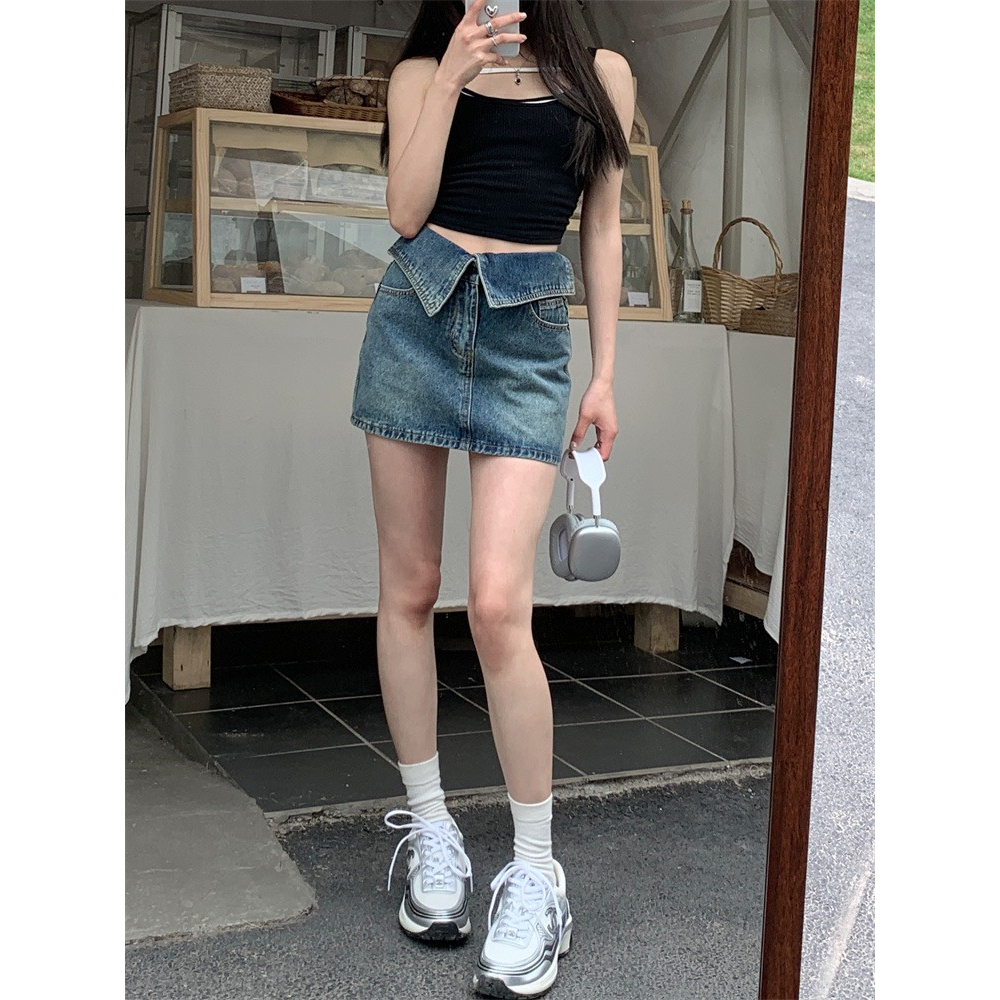 Chân váy jeans ngắn chữ A cạp cao, chân váy bò cạp bẻ thời trang cao cấp có kèm ảnh