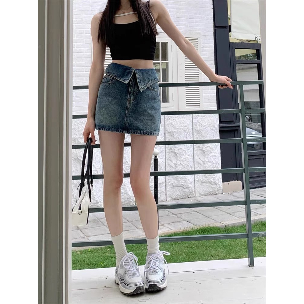 Chân váy jeans ngắn chữ A cạp cao, chân váy bò cạp bẻ thời trang cao cấp có kèm ảnh