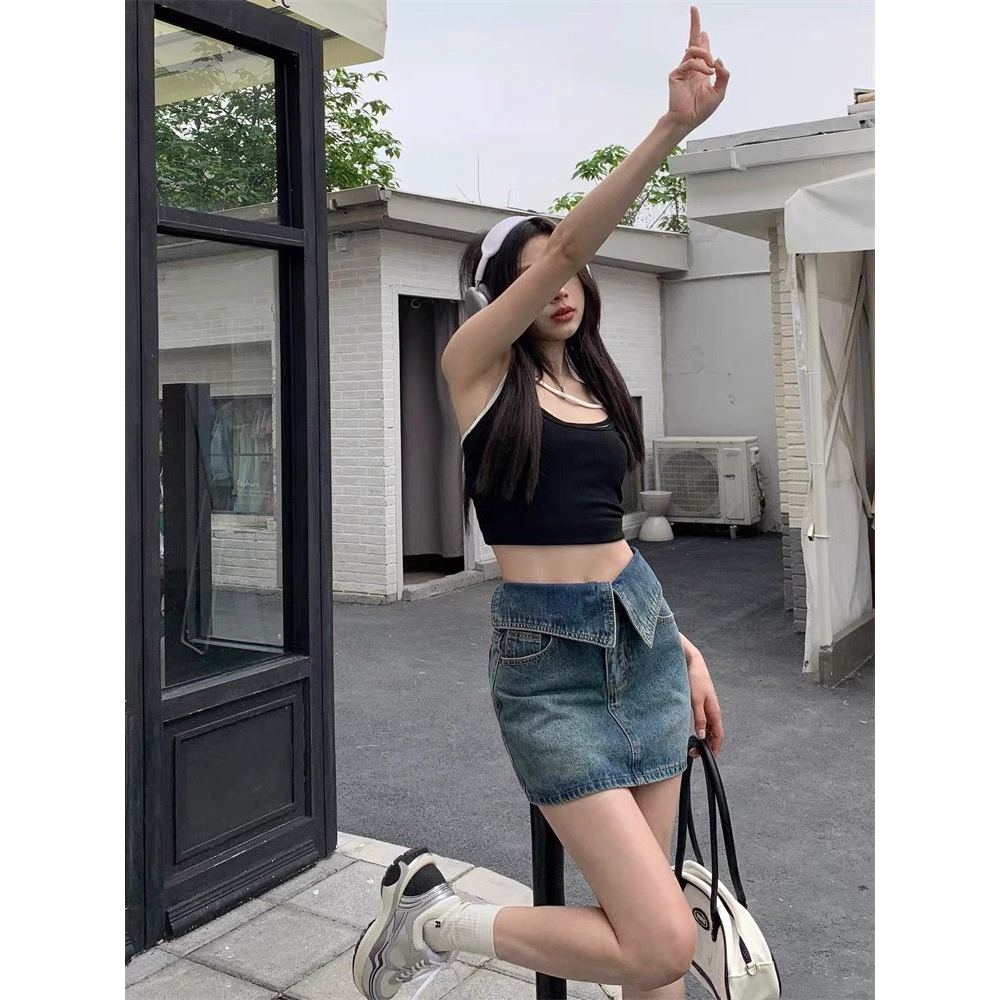 Chân váy jeans ngắn chữ A cạp cao, chân váy bò cạp bẻ thời trang cao cấp có kèm ảnh