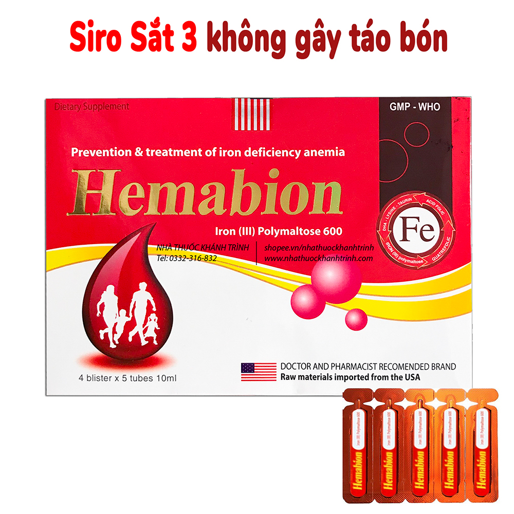 Siro Sắt III HEMABION bổ sung sắt 3 cho bà bầu, trẻ em, người thiếu máu thiếu sắt, hộp 20 ống nhựa