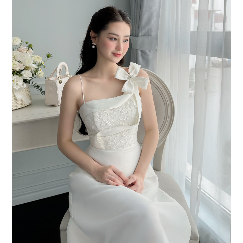 Đầm váy nữ đi dự tiệc cưới sang chảnh sự kiện dạ hội 2 dây đính nơ vai dáng dài thời trang thiết kế cao cấp sang chảnh