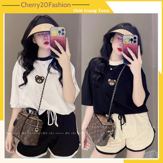 Set, bộ quần áo thun gấu thêu nữ gồm áo thun và quần short ngắn phông cách dễ thương, năng động