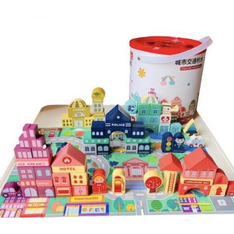 Bộ Thành phố 100 chi tiết + 60 mảnh ghép sàn+ Xô - Đồ chơi gỗ cho bé
