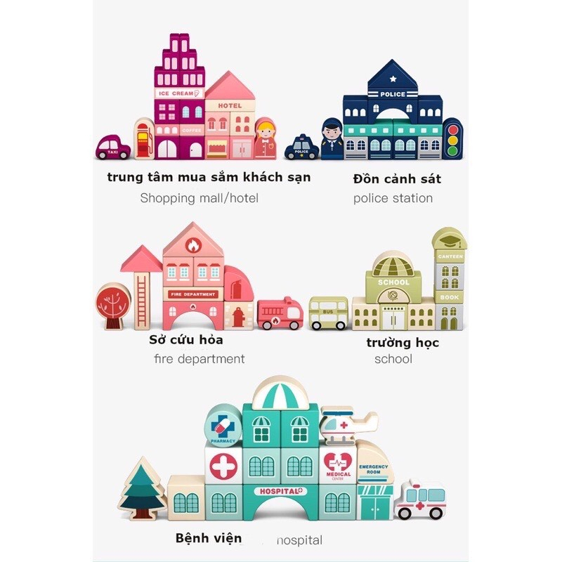 Bộ Thành phố 100 chi tiết + 60 mảnh ghép sàn+ Xô - Đồ chơi gỗ cho bé