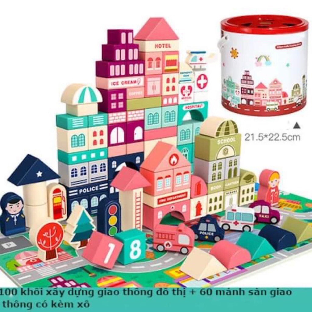 Bộ Thành phố 100 chi tiết + 60 mảnh ghép sàn+ Xô - Đồ chơi gỗ cho bé