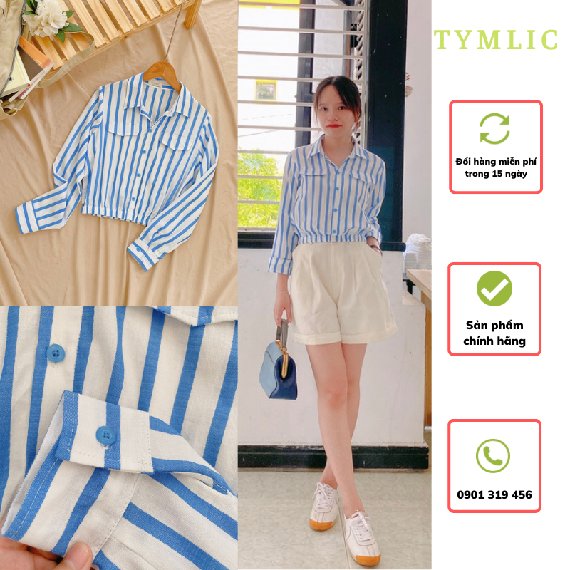 Áo Sơ Mi Croptop Bo Chun Phối Túi Giả Màu Kẻ Sọc Xanh Trắng TYMLIC