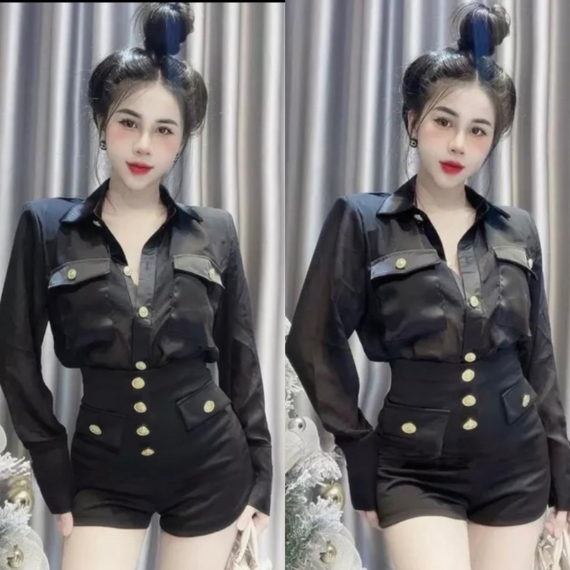 Sét áo sơ mi voan đen mix quần short hàng cúc (kèm ảnh thật)