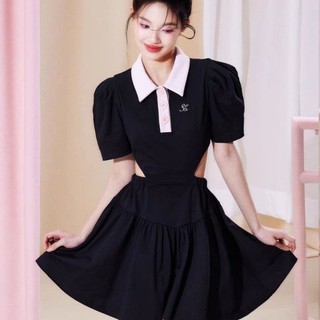 Đầm polo đen nhỏ mùa xuân kiểu Pháp mùa hè 2023 mới cao cấp