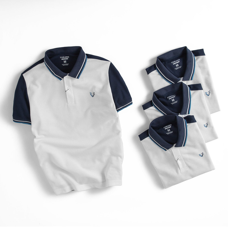 Áo polo can phối, thêu logo ngực ngắn tay, thoáng khí, trơn bo kẻ 1.ESTP018