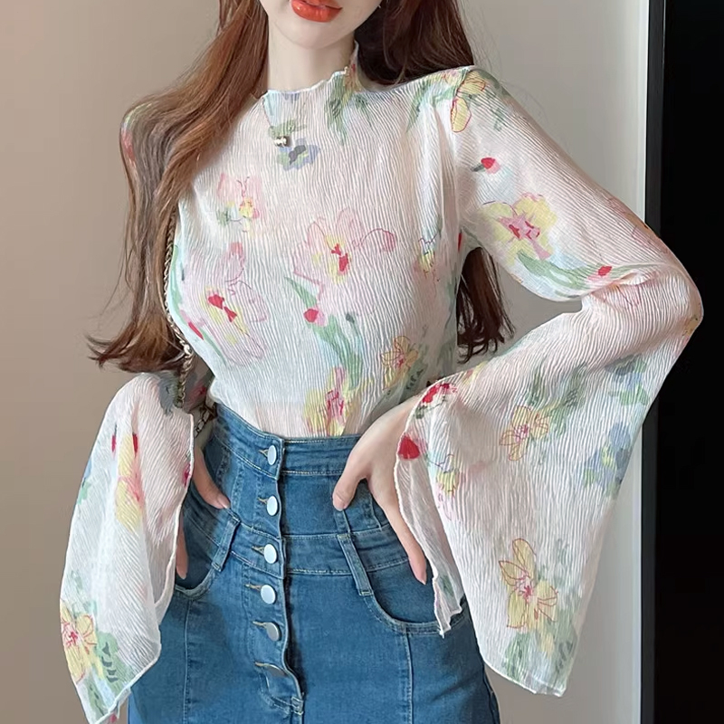 kamyl Áo Sơ Mi Chiffon Tay Dài Loe Cổ Cao Xếp Ly Ôm Dáng In Họa Tiết Thời Trang Cho Nữ