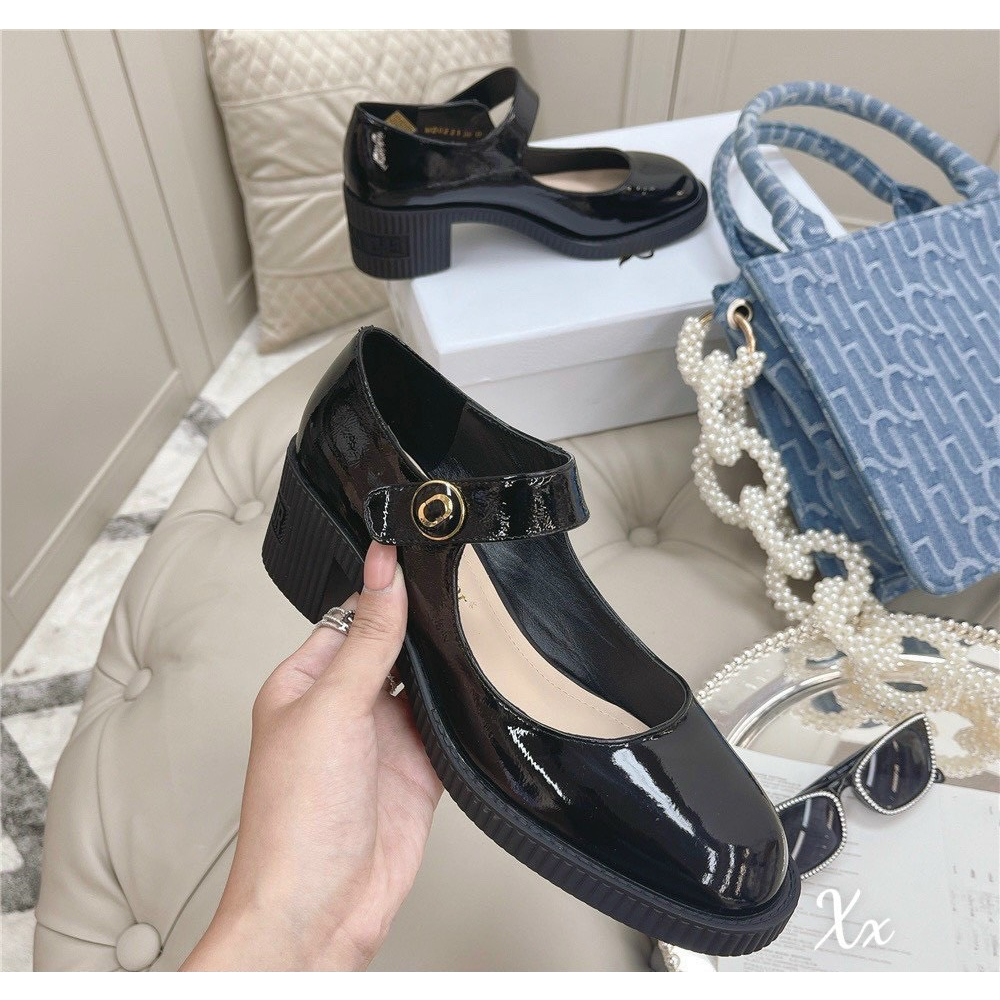 Giày búp bê quai ngang mũi tròn da bóng gót 5cm