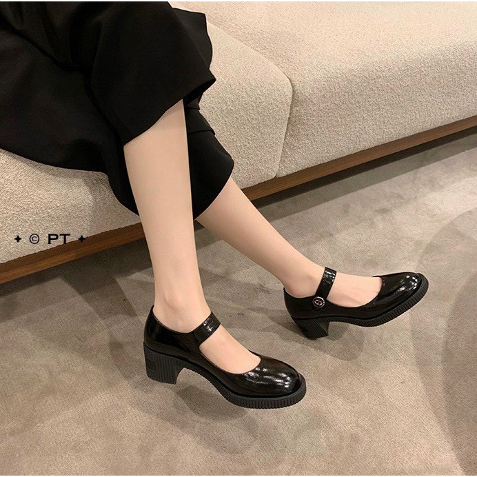 Giày búp bê quai ngang mũi tròn da bóng gót 5cm