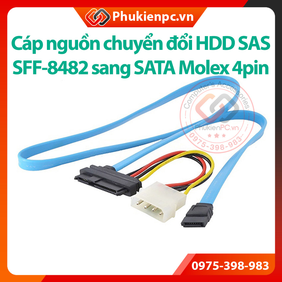 Cáp chuyển đổi HDD SAS SFF-8482 sang SATA, Molex IDE 4pin. gắn ổ cứng SAS Server SFF-8482 vào server máy chủ workstation