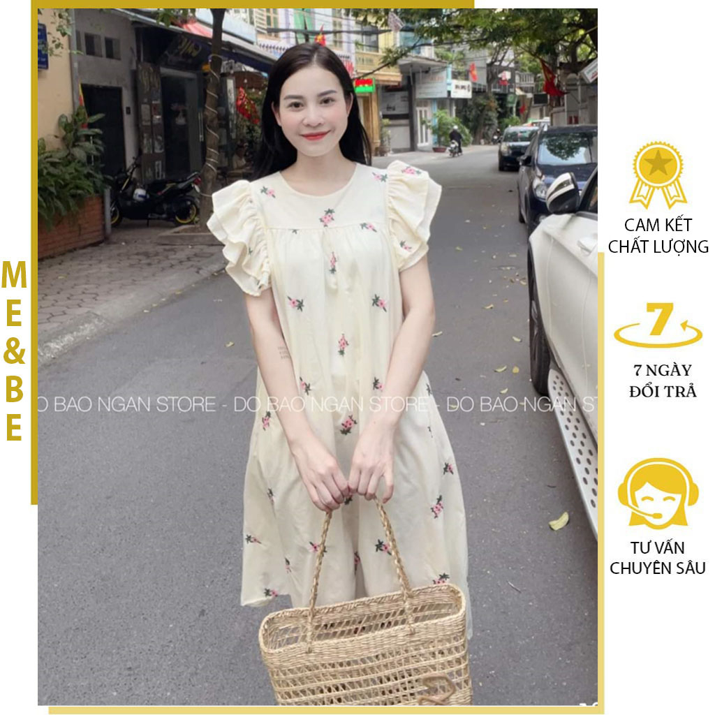 ĐẦM VÁY BẦU CÔNG SỞ MÙA HÀ THỜI TRANG HÀN QUỐC TAY CÁNH TIÊN PHỐI HOA NHÍ ĐẸP - ĐẦM BẦU ĐẸP DÁNG BABYDOLL BIGSIZE