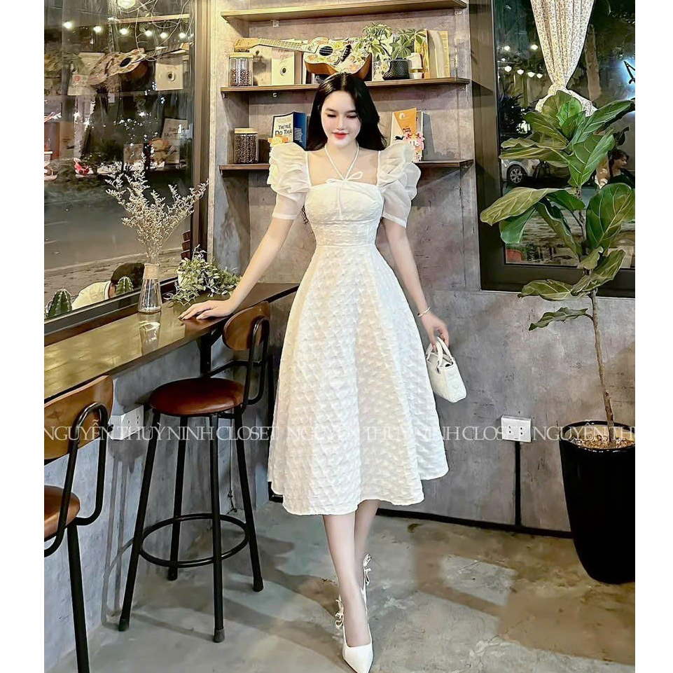 Đầm dự tiệc thời trang nữ chất gấm cổ vuông phối dây cổ tay cánh tiên dáng váy dài xoè maxi sang chảnh siêu xinh