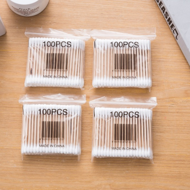 Tăm bông ngoáy tai,100 bông ráy tai thân gỗ khử trùng 2 đầu khử khuẩn an toàn khi sử dụng 88383