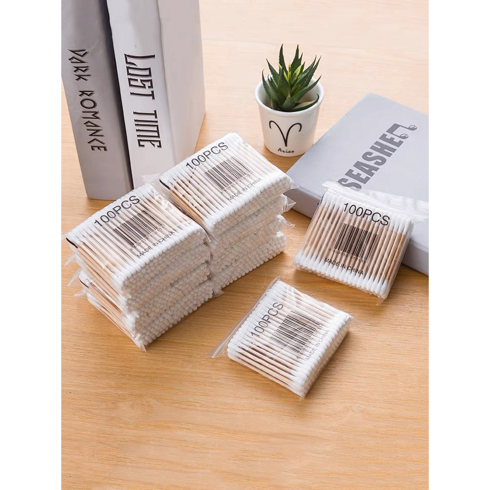 Tăm bông ngoáy tai,100 bông ráy tai thân gỗ khử trùng 2 đầu khử khuẩn an toàn khi sử dụng 88383