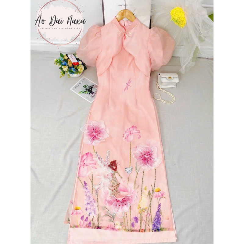 Áo dài Hoa tiên tay phồng- áo dài NAXA