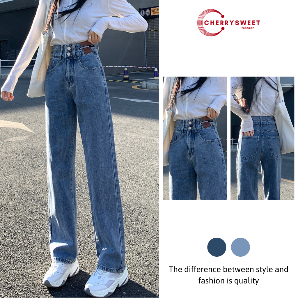 Quần jean nữ ống rộng cạp cao 2 cúc CHERRYSWEET dáng xuông trơn đứng, chất bò xịn cao cấp thời trang Hàn Quốc T070