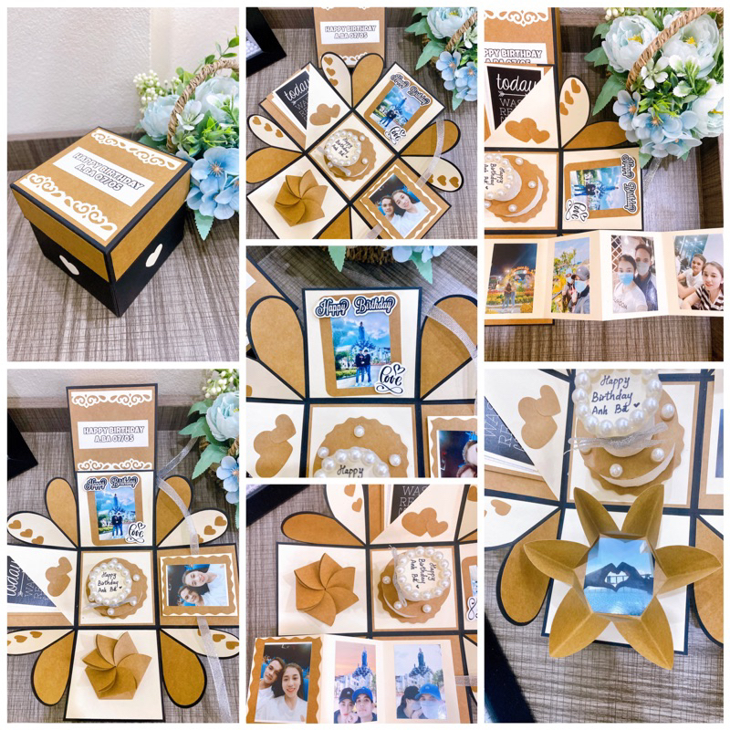 Hộp quà ảnh Handmade - Love box size 10cm giấy trơn Kraft nâu kem thay đổi theo dịp tặng ( Bao in 10 ảnh )