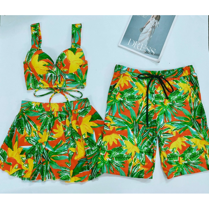 Đồ bơi cặp đôi nam nữ, BIKINI ĐÔI nam nữ lá cọ mix cam - Đồ đôi, thời trang nam nữ Forever Couple Store