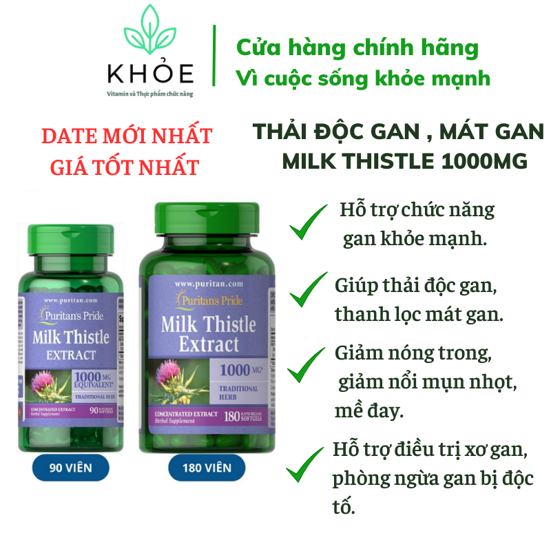 Thải độc gan, bổ gan, làm mát gan, tăng cường chức năng gan Milk Thistle Extract 1000mg 90-180 viên Puritan's Pride